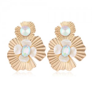 Resin Gem Inlaid Golden Flowers Design Alloy Women Costume Earrings - Luminous Colorful