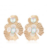 Resin Gem Inlaid Golden Flowers Design Alloy Women Costume Earrings - Luminous Colorful