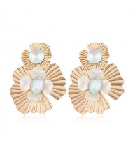 Resin Gem Inlaid Golden Flowers Design Alloy Women Costume Earrings - Luminous Colorful