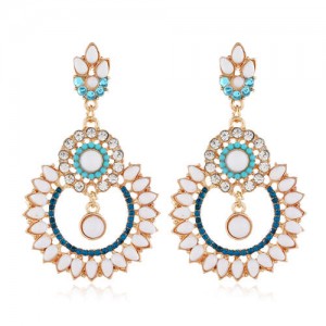 Rhinestone Hollow Flower Hoop Design High Fashion Women Costume Earrings - White