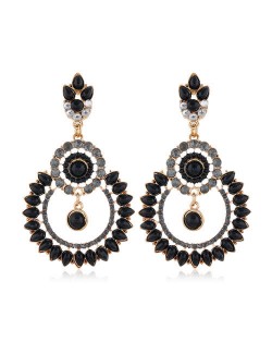 Rhinestone Hollow Flower Hoop Design High Fashion Women Costume Earrings - Black