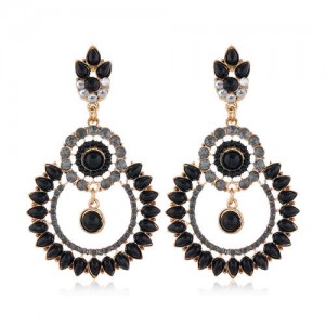 Rhinestone Hollow Flower Hoop Design High Fashion Women Costume Earrings - Black