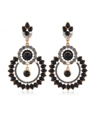 Rhinestone Hollow Flower Hoop Design High Fashion Women Costume Earrings - Black