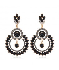 Rhinestone Hollow Flower Hoop Design High Fashion Women Costume Earrings - Black