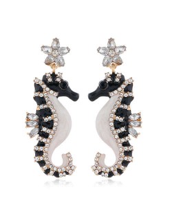 Rhinestone Embellished Seahorse Design Bold Fashion Women Statement Earrings - Black