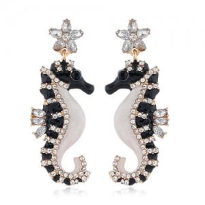 Rhinestone Embellished Seahorse Design Bold Fashion Women Statement Earrings - Black