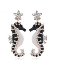 Rhinestone Embellished Seahorse Design Bold Fashion Women Statement Earrings - Black