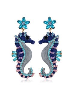 Rhinestone Embellished Seahorse Design Bold Fashion Women Statement Earrings - Blue