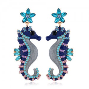 Rhinestone Embellished Seahorse Design Bold Fashion Women Statement Earrings - Blue