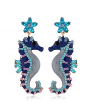 Rhinestone Embellished Seahorse Design Bold Fashion Women Statement Earrings - Blue