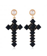 Resin Gem Cross Design Pearl Fashion Women Stud Earrings - Black
