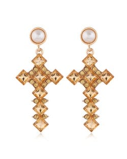 Resin Gem Cross Design Pearl Fashion Women Stud Earrings - Champagne
