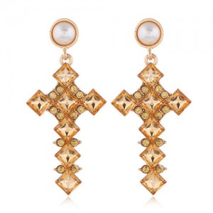Resin Gem Cross Design Pearl Fashion Women Stud Earrings - Champagne