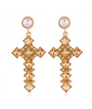 Resin Gem Cross Design Pearl Fashion Women Stud Earrings - Champagne