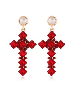 Resin Gem Cross Design Pearl Fashion Women Stud Earrings - Red