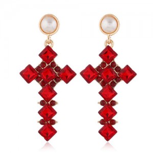 Resin Gem Cross Design Pearl Fashion Women Stud Earrings - Red