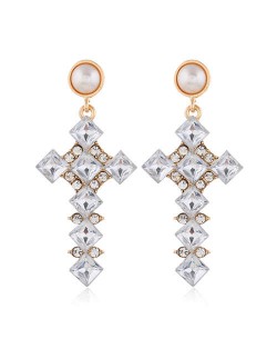Resin Gem Cross Design Pearl Fashion Women Stud Earrings - White