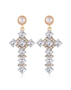 Resin Gem Cross Design Pearl Fashion Women Stud Earrings - White