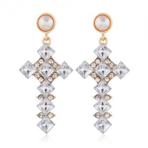 Resin Gem Cross Design Pearl Fashion Women Stud Earrings - White