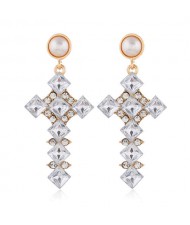Resin Gem Cross Design Pearl Fashion Women Stud Earrings - White