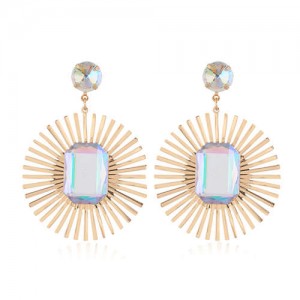 Resin Gem Inlaid Sunflower Golden Fashion Women Stud Earrings - Luminous White