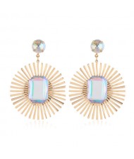 Resin Gem Inlaid Sunflower Golden Fashion Women Stud Earrings - Luminous White