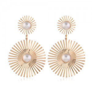 Artificial Pearl Inlaid Golden Sun Flower Bold Fashion Women Alloy Costume Earrings