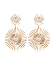 Artificial Pearl Inlaid Golden Sun Flower Bold Fashion Women Alloy Costume Earrings