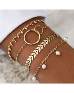 Leaves Pearl and Beads 4 pcs Golden Fashion Bracelets Set