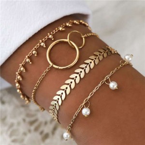 Leaves Pearl and Beads 4 pcs Golden Fashion Bracelets Set