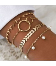 Leaves Pearl and Beads 4 pcs Golden Fashion Bracelets Set
