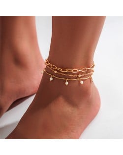 Slim Fashion Triple Golden Chains Combo Design Women Anklets