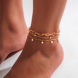 Slim Fashion Triple Golden Chains Combo Design Women Anklets