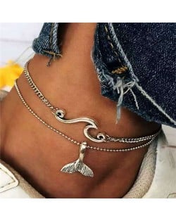 Wave and Whale Tail Combo Design High Fashion 2 pcs Alloy Women Anklet Set