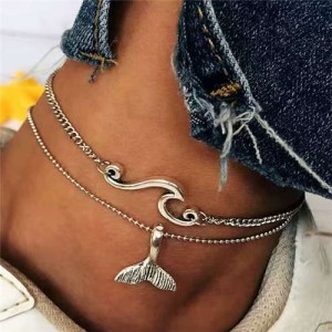Wave and Whale Tail Combo Design High Fashion 2 pcs Alloy Women Anklet Set