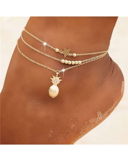 Pineapple Star and Beads Combo 3 pcs Beach Fashion Alloy Women Anklet Set - Golden