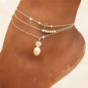 Pineapple Star and Beads Combo 3 pcs Beach Fashion Alloy Women Anklet Set - Golden