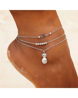 Pineapple Star and Beads Combo 3 pcs Beach Fashion Alloy Women Anklet Set - Silver