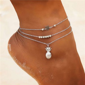 Pineapple Star and Beads Combo 3 pcs Beach Fashion Alloy Women Anklet Set - Silver