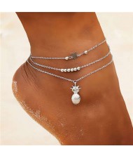 Pineapple Star and Beads Combo 3 pcs Beach Fashion Alloy Women Anklet Set - Silver