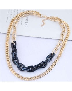 Dual Layers Golden Chain Bold Fashion Women Statement Necklace - Black