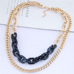 Dual Layers Golden Chain Bold Fashion Women Statement Necklace - Black