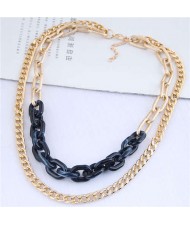 Dual Layers Golden Chain Bold Fashion Women Statement Necklace - Black