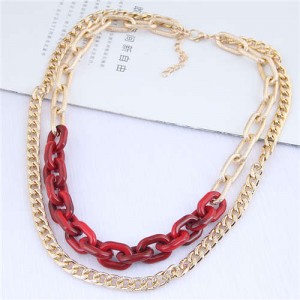 Dual Layers Golden Chain Bold Fashion Women Statement Necklace - Red