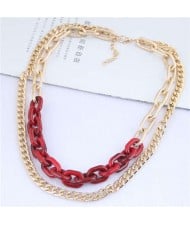 Dual Layers Golden Chain Bold Fashion Women Statement Necklace - Red