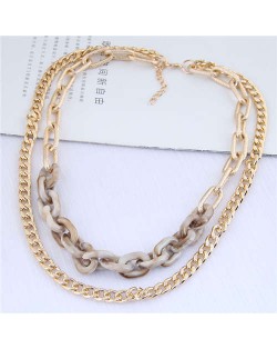Dual Layers Golden Chain Bold Fashion Women Statement Necklace - Khaki