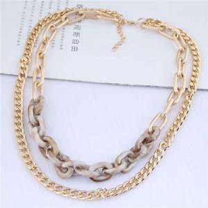 Dual Layers Golden Chain Bold Fashion Women Statement Necklace - Khaki