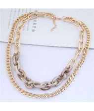 Dual Layers Golden Chain Bold Fashion Women Statement Necklace - Khaki