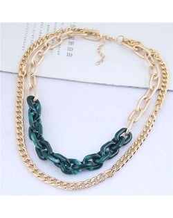 Dual Layers Golden Chain Bold Fashion Women Statement Necklace - Green