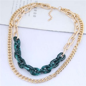 Dual Layers Golden Chain Bold Fashion Women Statement Necklace - Green